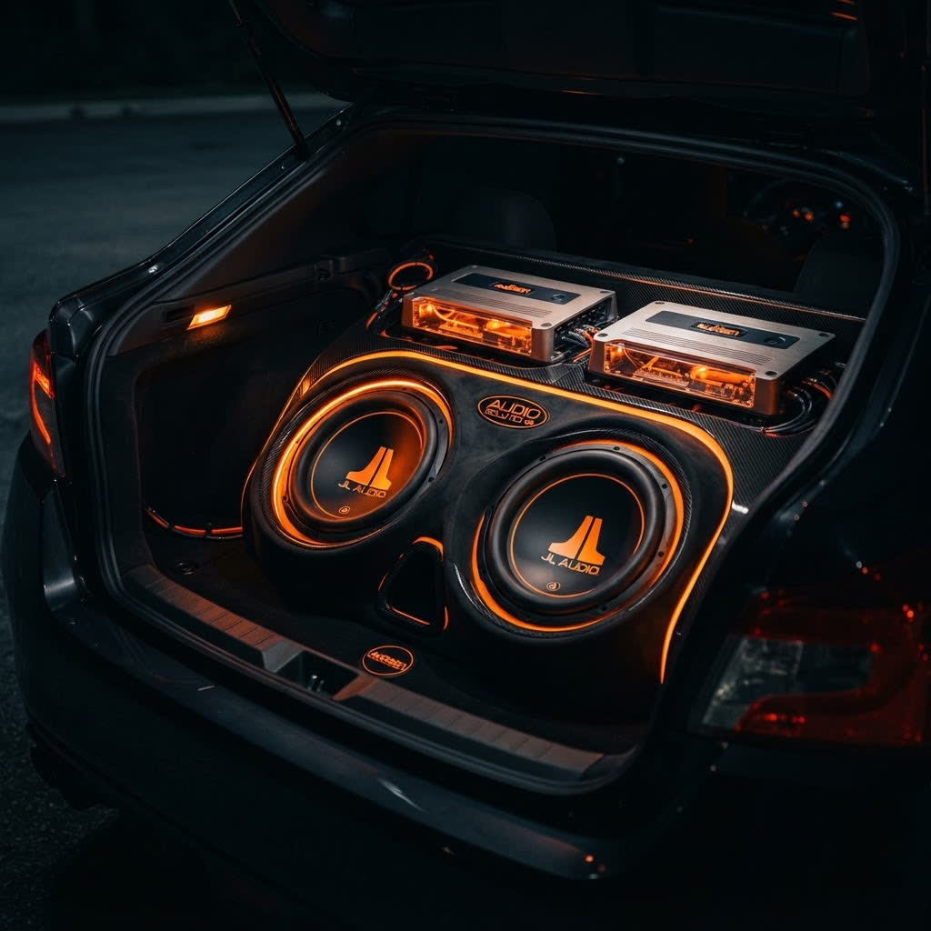 Subwoofers e amplificadores no porta-malas